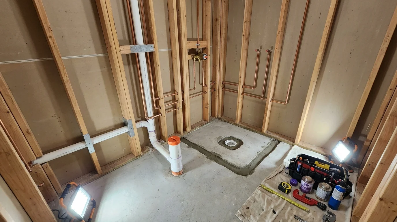 Bathroom rough-in plumbing during remodel by Johns Plumbing LLC in Seabeck