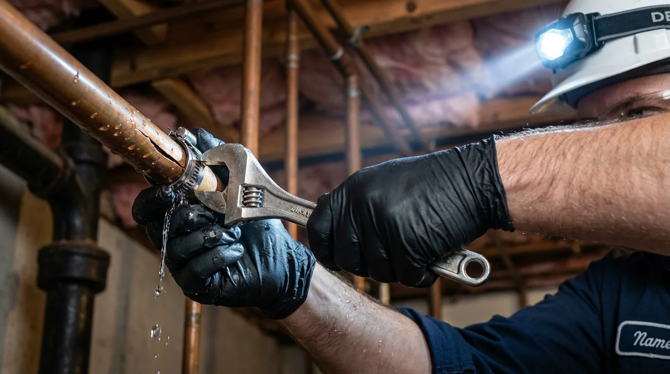 Emergency pipe clamp repair being performed by a Johns Plumbing LLC plumber in Seabeck