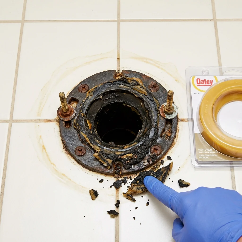 Failed wax ring showing water seepage at the base of a toilet in a Seabeck, WA home